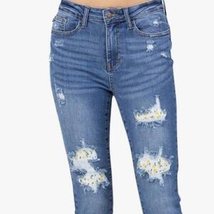 Judy Blue Lemon Print Lined patchwork raw hem stretch Skinny fit Jeans 16 w